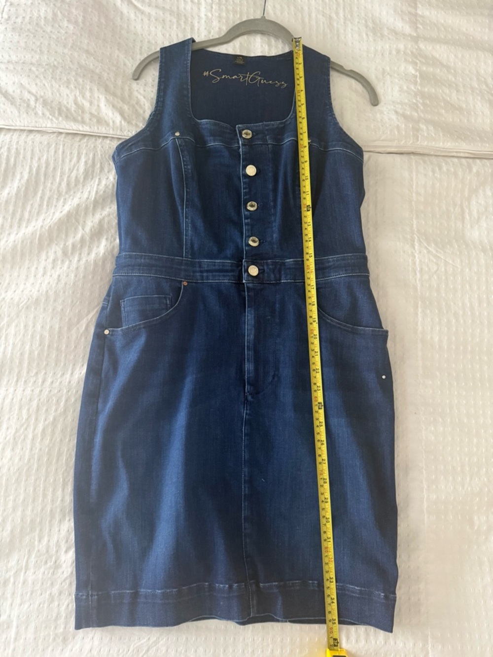 GUESS Stretch Denim Mini Dress Gold Button Front Structured Waist Y2K Jean Dress - Picture 17 of 17